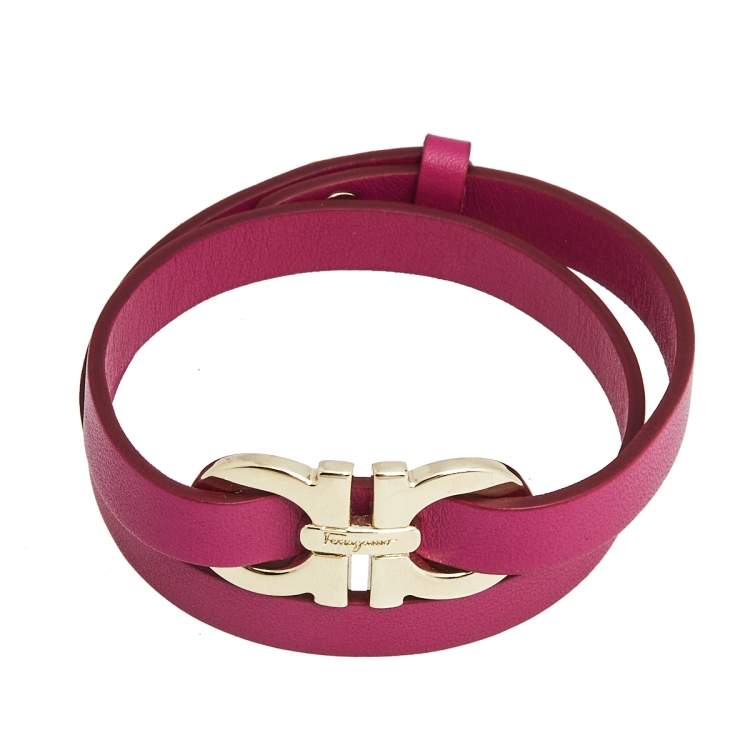 Pre Owned Salvatore Ferragamo Purple Leather Gold Tone Gancini Wrap Bracelet