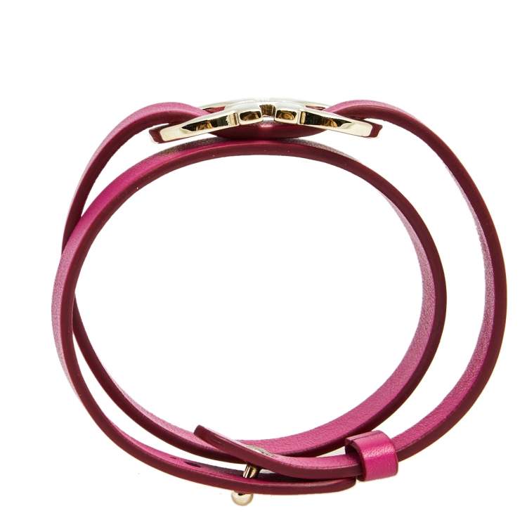Pre Owned Salvatore Ferragamo Purple Leather Gold Tone Gancini Wrap Bracelet