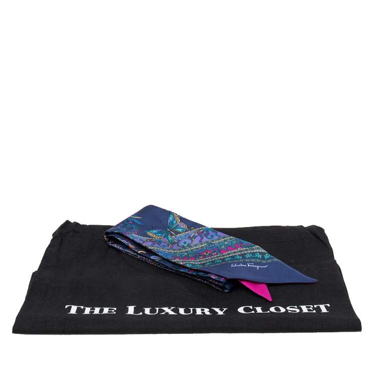 Pre Owned Salvatore Ferragamo Marine Blue Floral Print Silk Bandeau