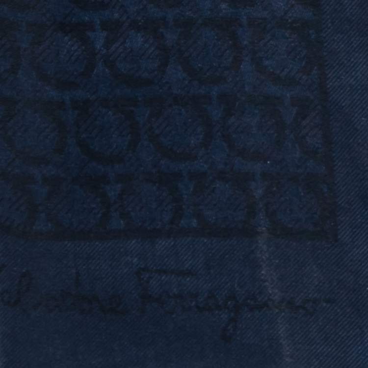 Pre Owned Salvatore Ferragamo Navy Blue Gancini Jacquard Silk & Wool Scarf