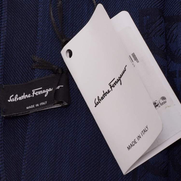 Pre Owned Salvatore Ferragamo Navy Blue Gancini Jacquard Silk & Wool Scarf