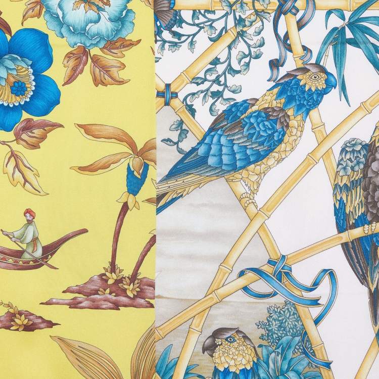 Pre Owned Salvatore Ferragamo Burgundy Parrot & Floral Printed Silk Square Scarf
