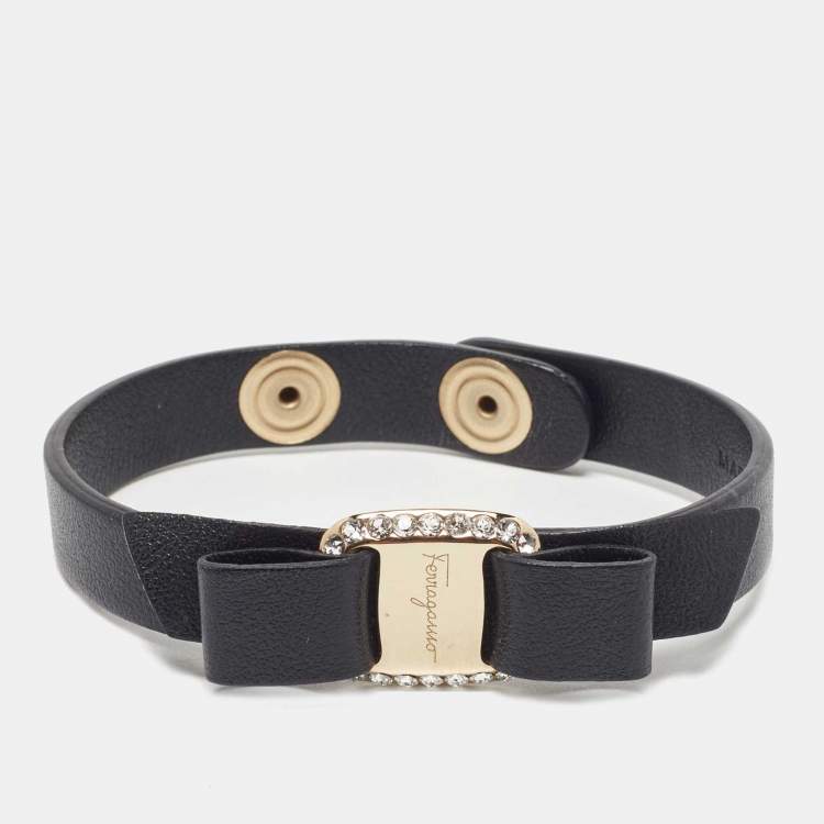 Pre Owned Salvatore Ferragamo Black Vara Bow Embellished Leather Gold Tone Bracelet