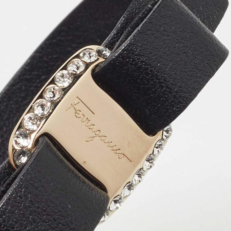 Pre Owned Salvatore Ferragamo Black Vara Bow Embellished Leather Gold Tone Bracelet