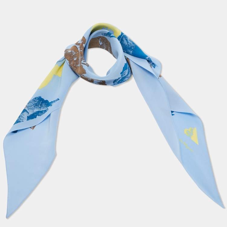 Pre Owned Salvatore Ferragamo Blue Poppy Print Silk Scarf