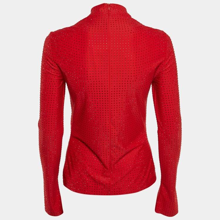 Pre Owned Salvatore Ferragamo Red Studded Jersey Long Sleeve Top  M