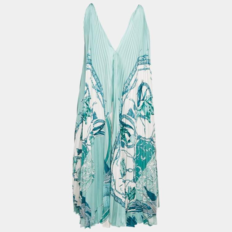Pre Owned Salvatore Ferragamo Blue Floral Print Satin Plisse Midi Dress M
