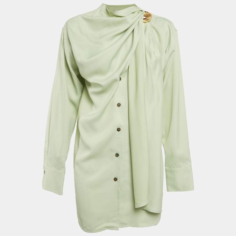 Pre Owned Salvatore Ferragamo Light Green Satin Draped Scarf Detail Shirt S