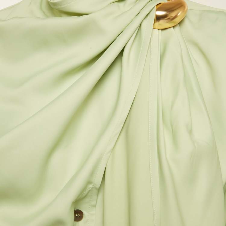 Pre Owned Salvatore Ferragamo Light Green Satin Draped Scarf Detail Shirt S