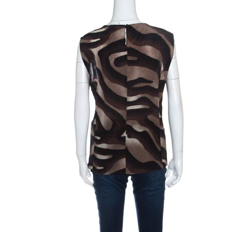 Pre Owned Salvatore Ferragamo Brown Animal Print Lace Insert Silk Top L