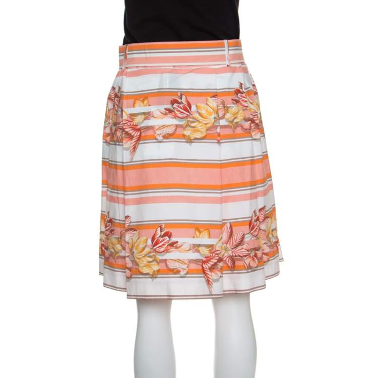 Pre Owned Salvatore Ferragamo Multicolor Printed Cotton Belted Pleated Skirt S