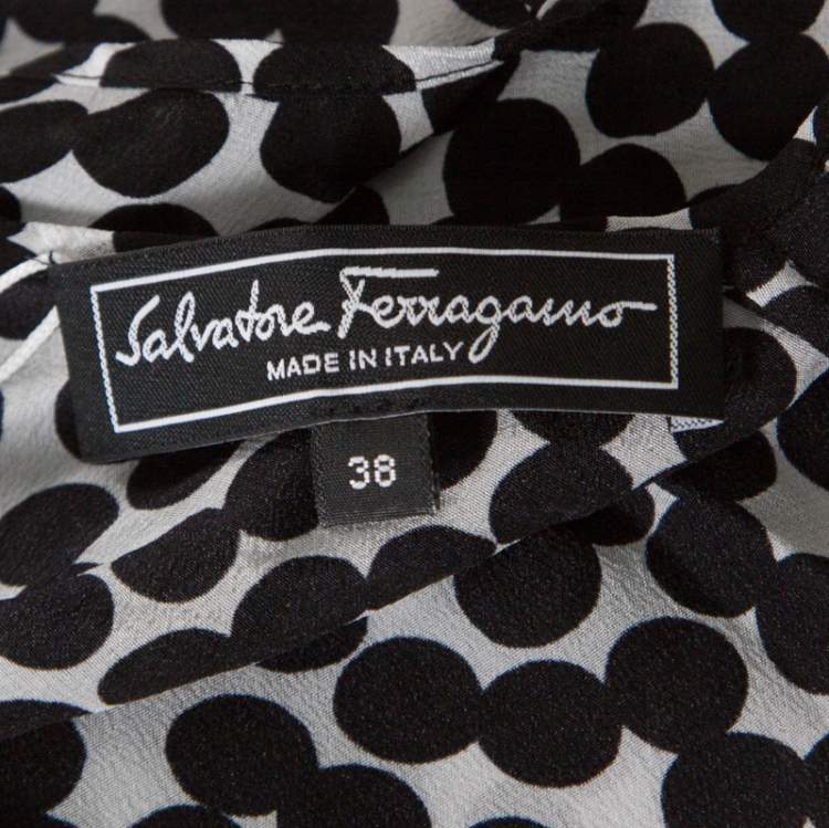 Pre Owned Salvatore Ferragamo Monochrome Polka Dot Silk Sleeveless Draped Top S