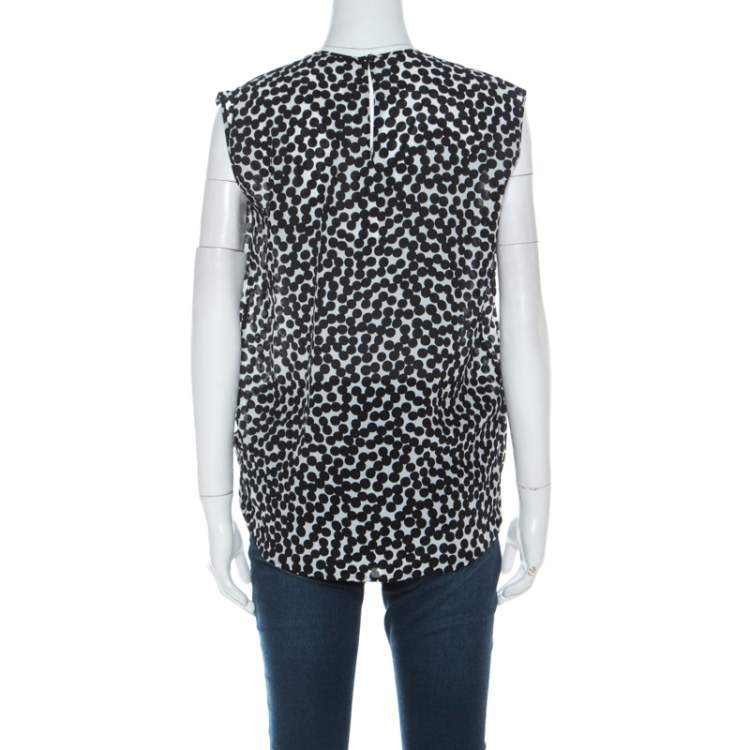 Pre Owned Salvatore Ferragamo Monochrome Polka Dot Silk Sleeveless Draped Top S