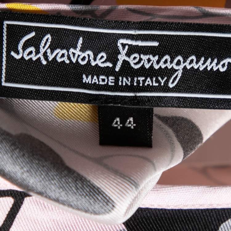 Pre Owned Salvatore Ferragamo Pink and Yellow Printed Silk Long Sleeve Blouse M
