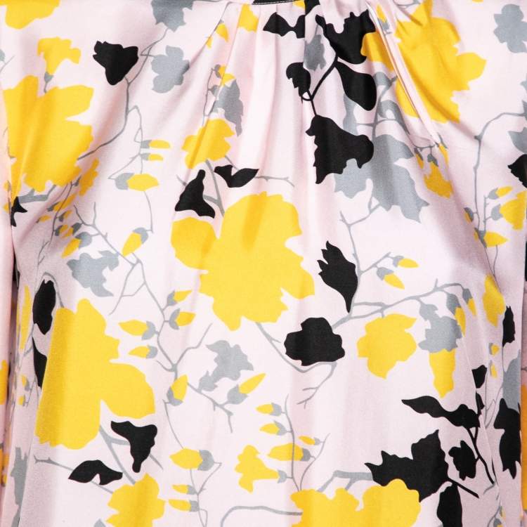 Pre Owned Salvatore Ferragamo Pink and Yellow Printed Silk Long Sleeve Blouse M