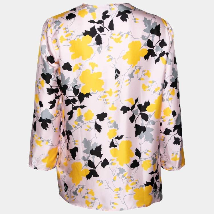 Pre Owned Salvatore Ferragamo Pink and Yellow Printed Silk Long Sleeve Blouse M