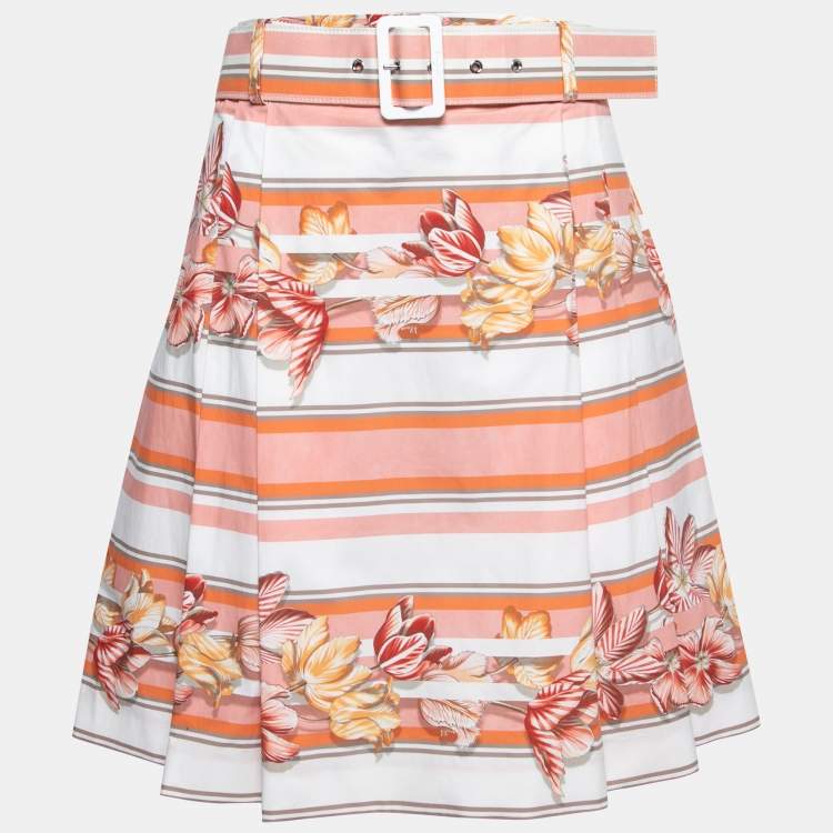 Pre Owned Salvatore Ferragamo Pink Floral Striped Printed Cotton Belted Pleated Skirt S
