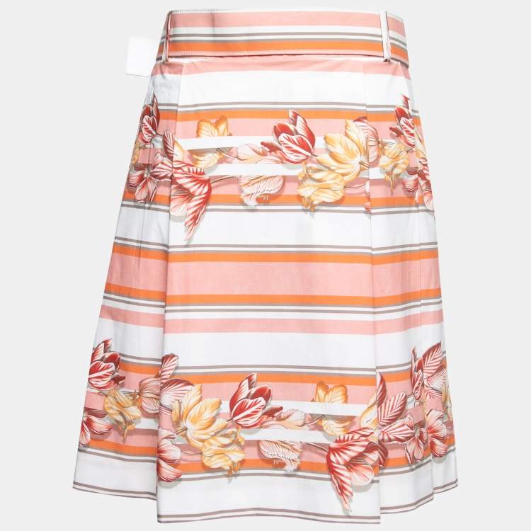 Pre Owned Salvatore Ferragamo Pink Floral Striped Printed Cotton Belted Pleated Skirt S