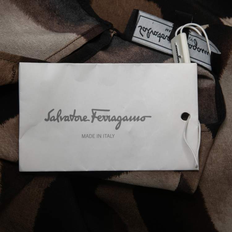 Pre Owned Salvatore Ferragamo Brown Printed Silk Lace Trimmed Sleeveless Top L