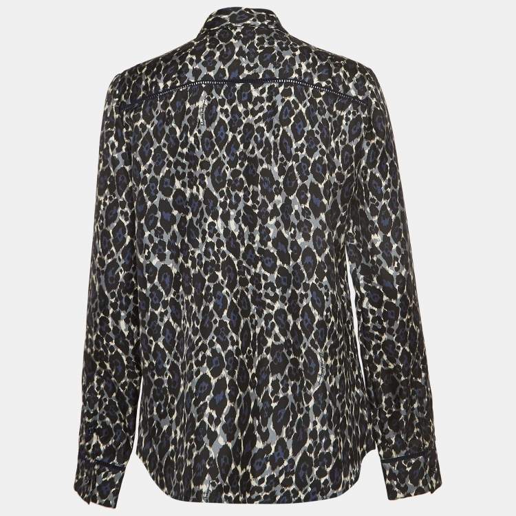Pre Owned Salvatore Ferragamo Blue Leopard Print Lace Insert Silk Long Sleeve Shirt S