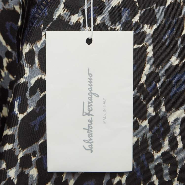 Pre Owned Salvatore Ferragamo Blue Leopard Print Lace Insert Silk Long Sleeve Shirt S