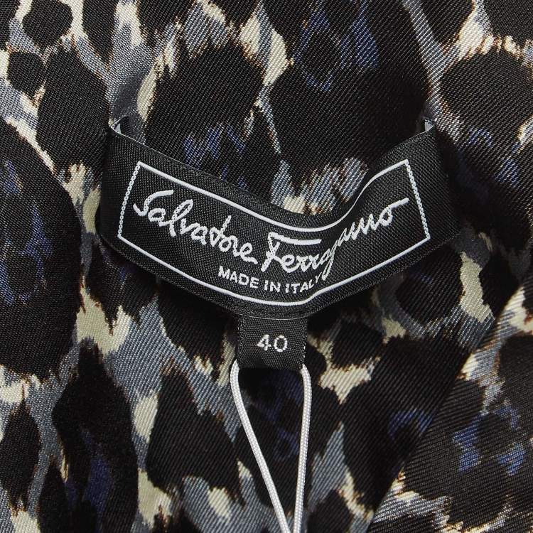 Pre Owned Salvatore Ferragamo Blue Leopard Print Lace Insert Silk Long Sleeve Shirt S