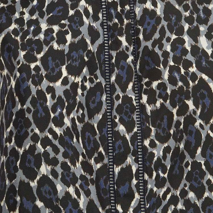 Pre Owned Salvatore Ferragamo Blue Leopard Print Lace Insert Silk Long Sleeve Shirt S