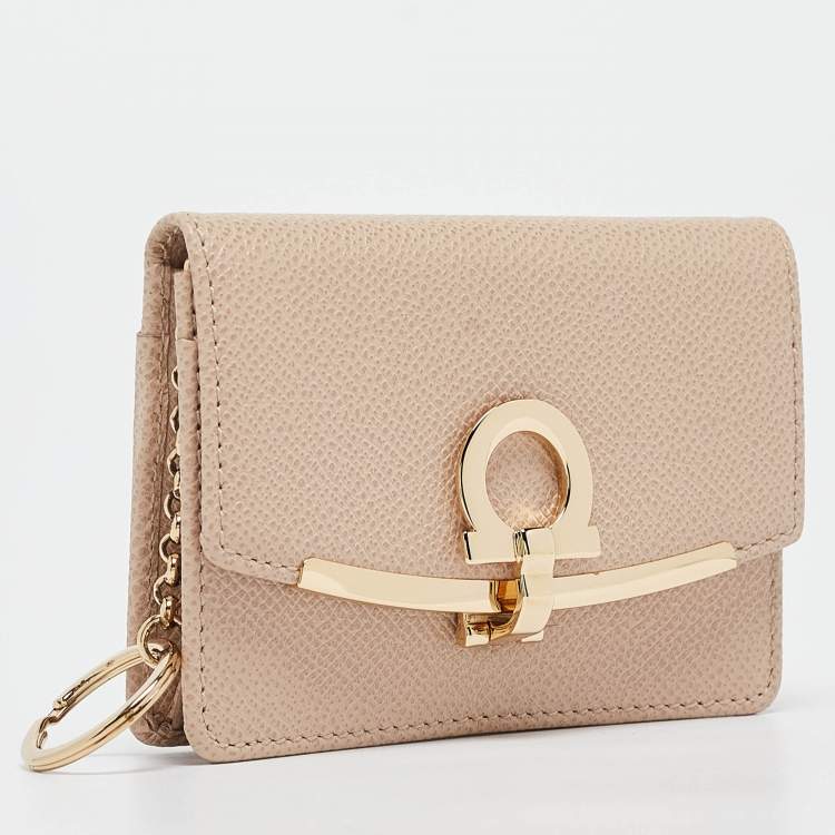 Pre Owned Salvatore Ferragamo Beige Leather Gancini Business Card Holder