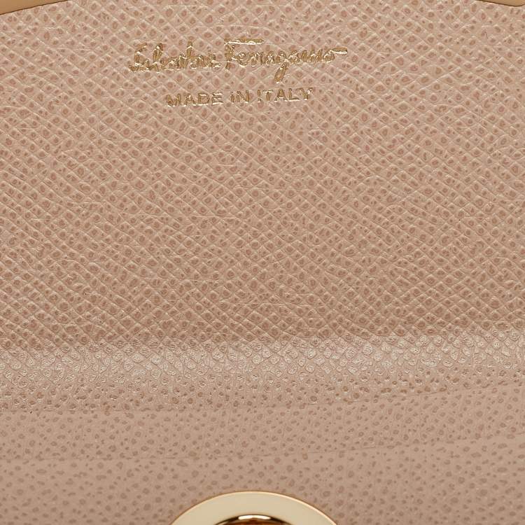 Pre Owned Salvatore Ferragamo Beige Leather Gancini Business Card Holder