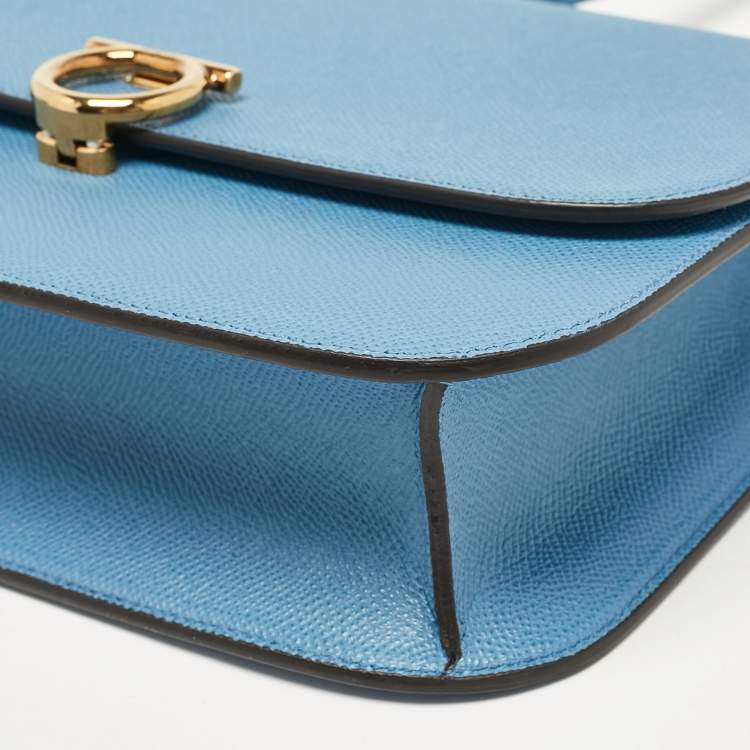 Pre Owned Salvatore Ferragamo Light Blue Leather Gancini Rounded Flap Crossbody Bag