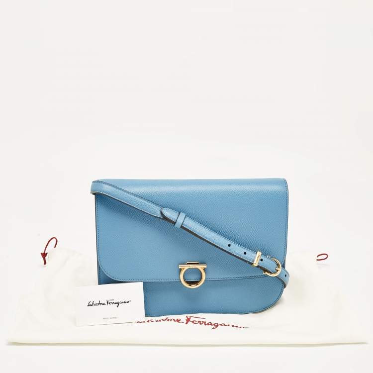 Pre Owned Salvatore Ferragamo Light Blue Leather Gancini Rounded Flap Crossbody Bag