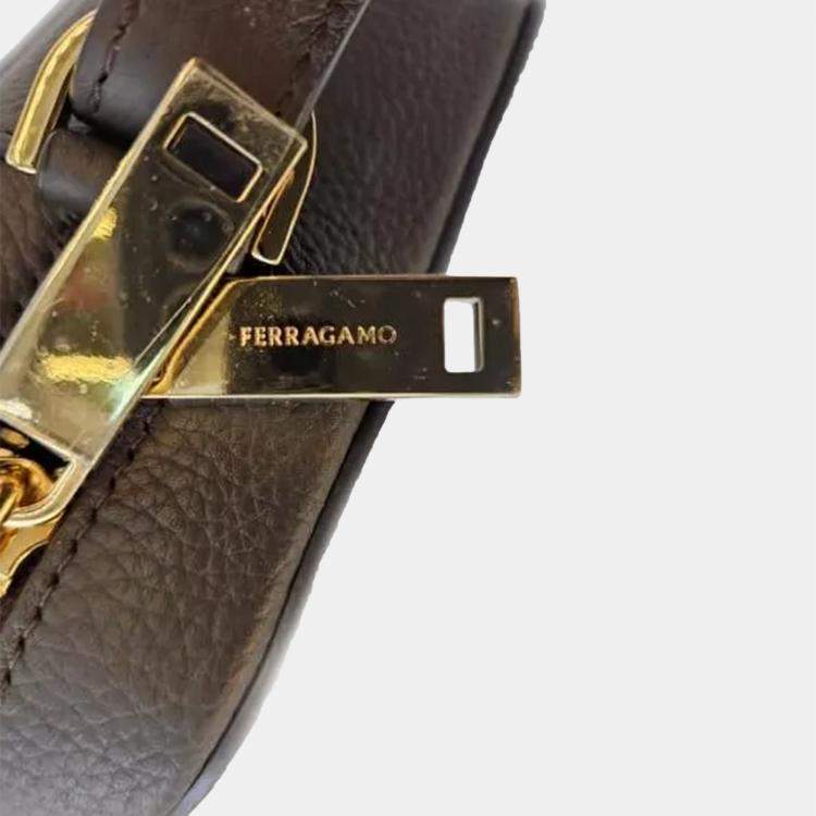 Pre Owned Ferragamo Gancini Embossed Black Leather Crossbody Bag