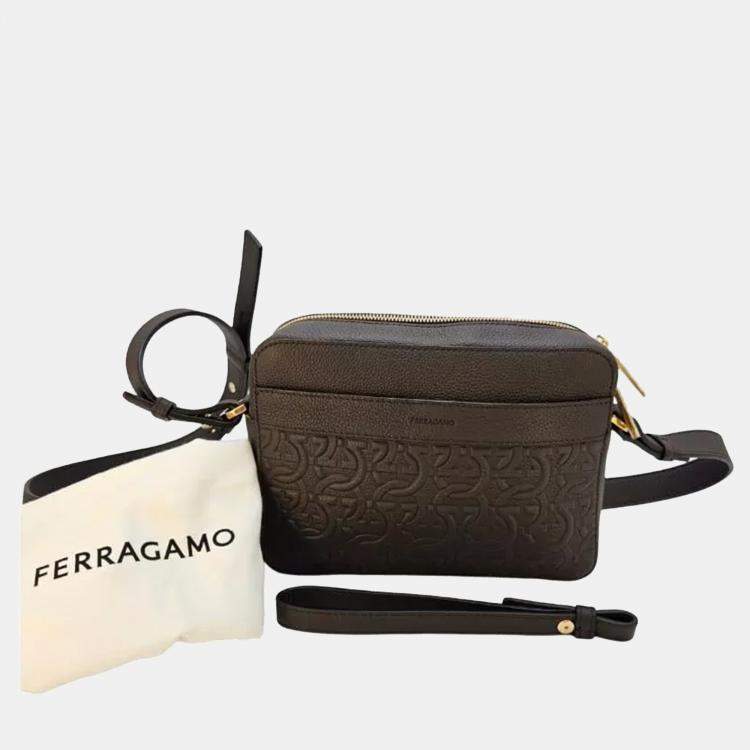 Pre Owned Ferragamo Gancini Embossed Black Leather Crossbody Bag