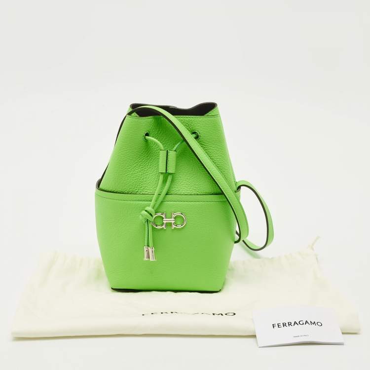 Pre Owned Salvatore Ferragamo Green Leather Mini Gancini Drawstring Bucket Bag