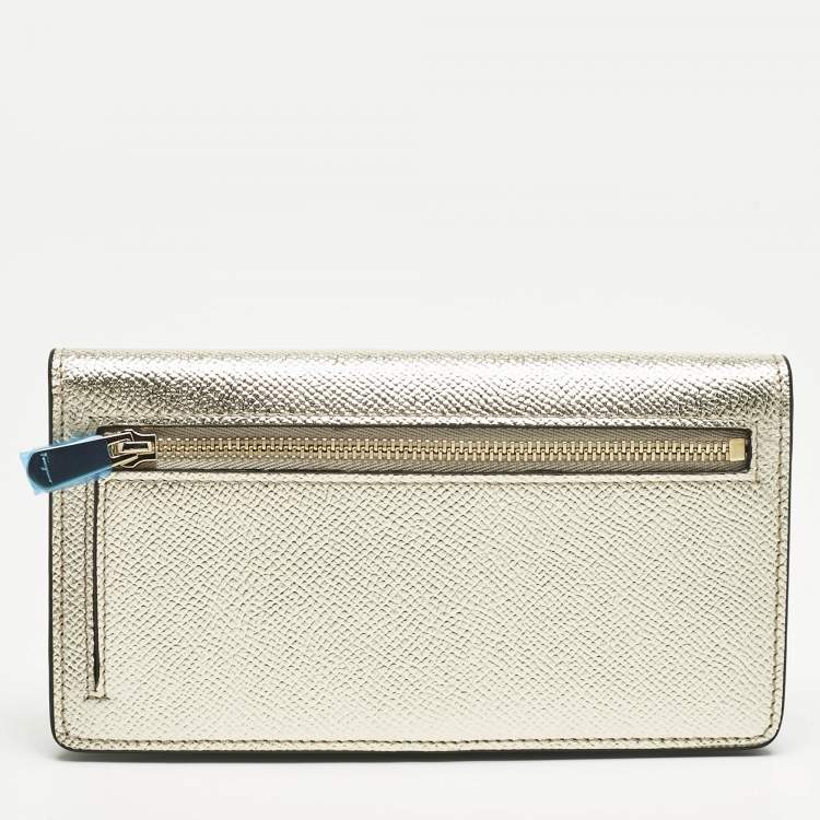 Pre Owned Salvatore Ferragamo Gold Leather Gancini Long Wallet
