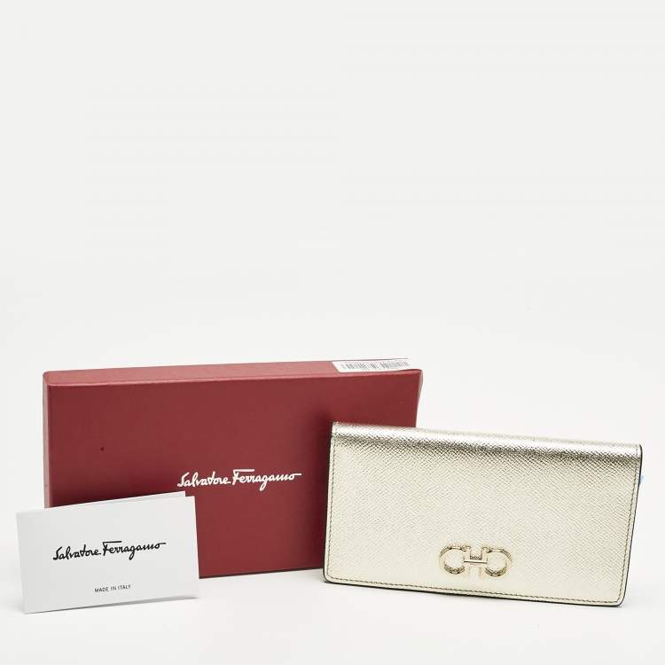 Pre Owned Salvatore Ferragamo Gold Leather Gancini Long Wallet