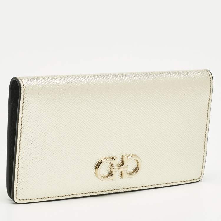 Pre Owned Salvatore Ferragamo Gold Leather Gancini Long Wallet