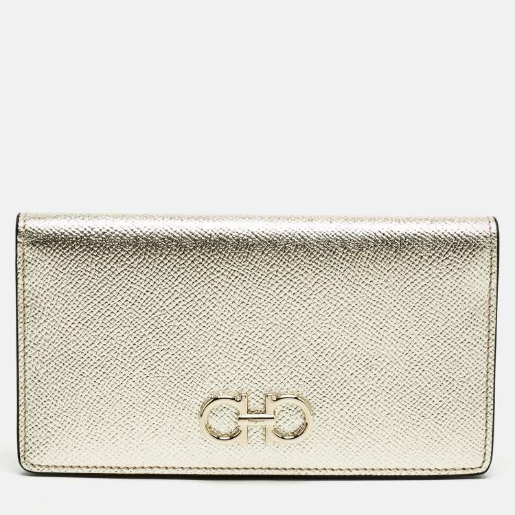Pre Owned Salvatore Ferragamo Gold Leather Gancini Long Wallet