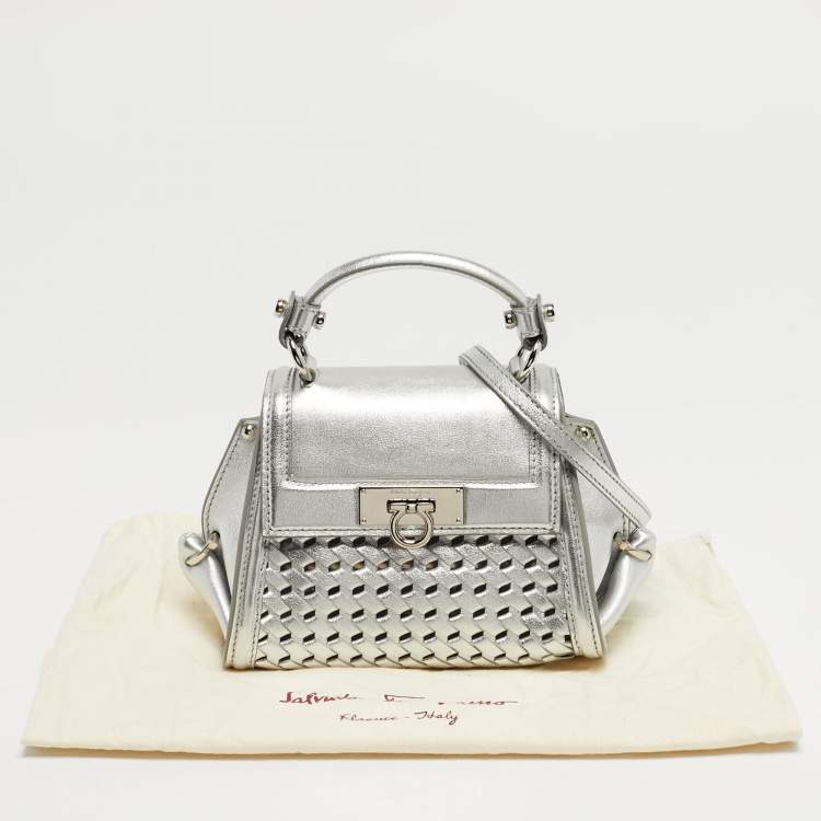 Pre Owned Salvatore Ferragamo Silver Woven Effect Leather Mini Sofia Top Handle Bag