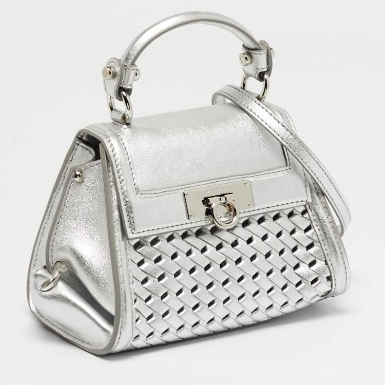 Pre Owned Salvatore Ferragamo Silver Woven Effect Leather Mini Sofia Top Handle Bag