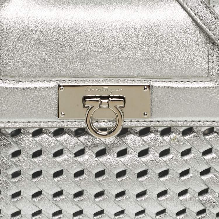 Pre Owned Salvatore Ferragamo Silver Woven Effect Leather Mini Sofia Top Handle Bag