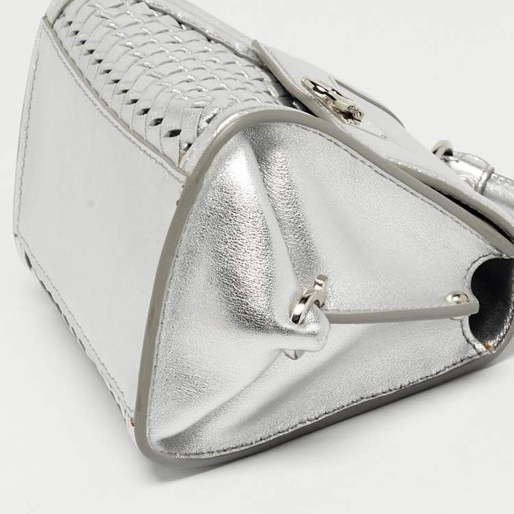 Pre Owned Salvatore Ferragamo Silver Woven Effect Leather Mini Sofia Top Handle Bag