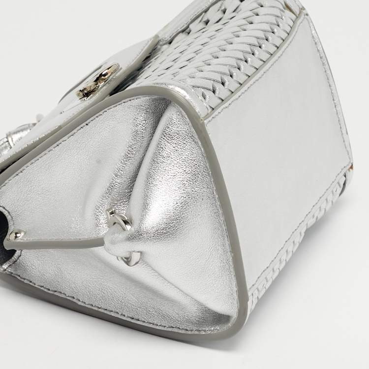 Pre Owned Salvatore Ferragamo Silver Woven Effect Leather Mini Sofia Top Handle Bag