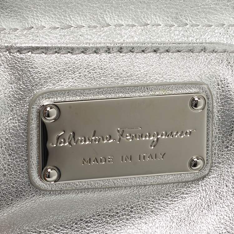 Pre Owned Salvatore Ferragamo Silver Woven Effect Leather Mini Sofia Top Handle Bag