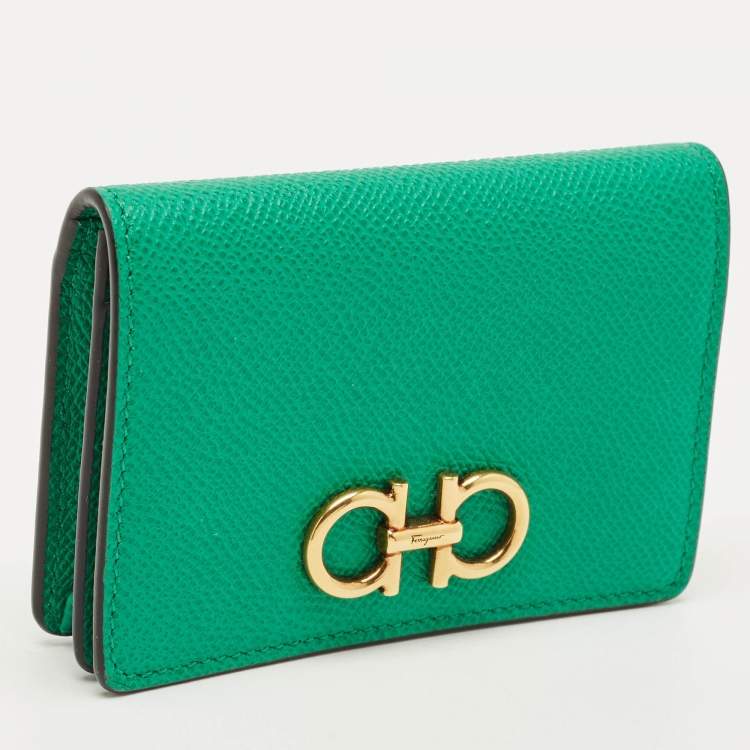 Pre Owned Salvatore Ferragamo Gancini Green Leather Business Card Holder