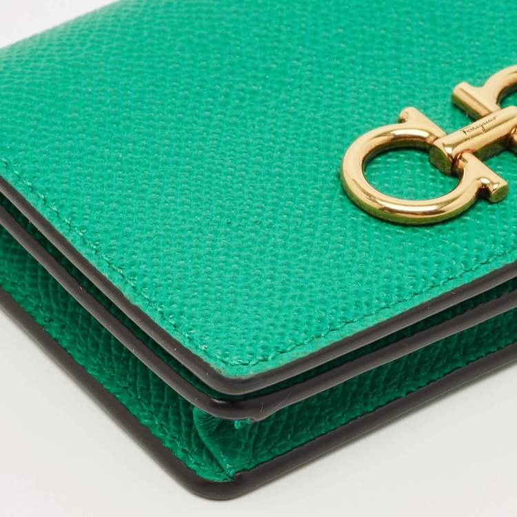 Pre Owned Salvatore Ferragamo Gancini Green Leather Business Card Holder