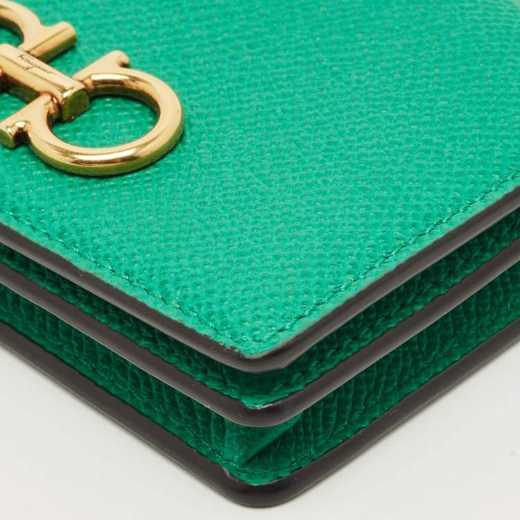 Pre Owned Salvatore Ferragamo Gancini Green Leather Business Card Holder
