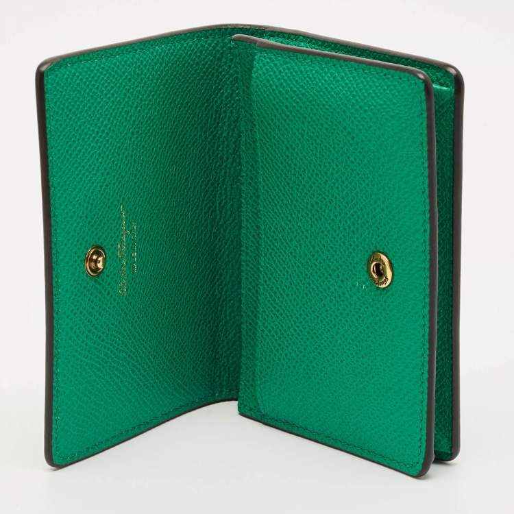 Pre Owned Salvatore Ferragamo Gancini Green Leather Business Card Holder