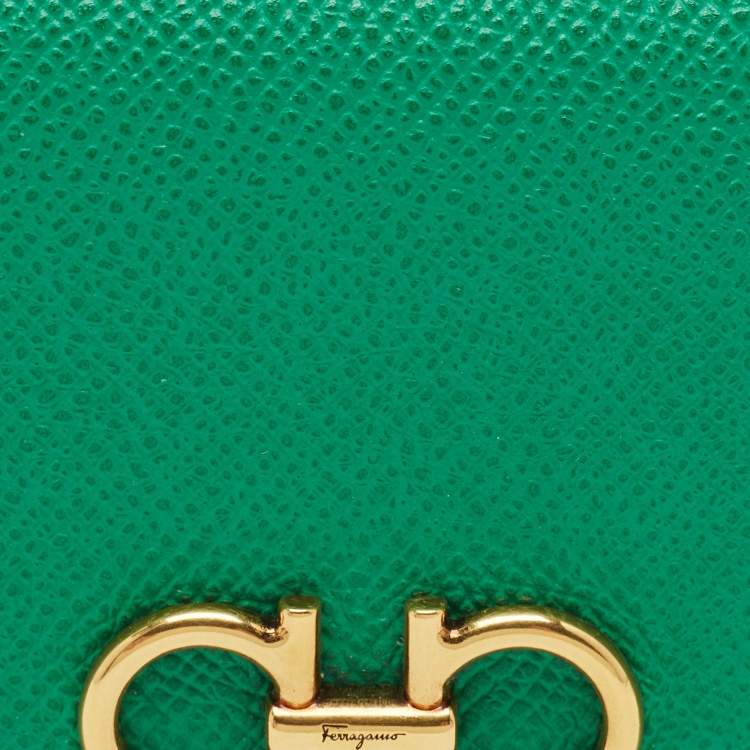 Pre Owned Salvatore Ferragamo Gancini Green Leather Business Card Holder