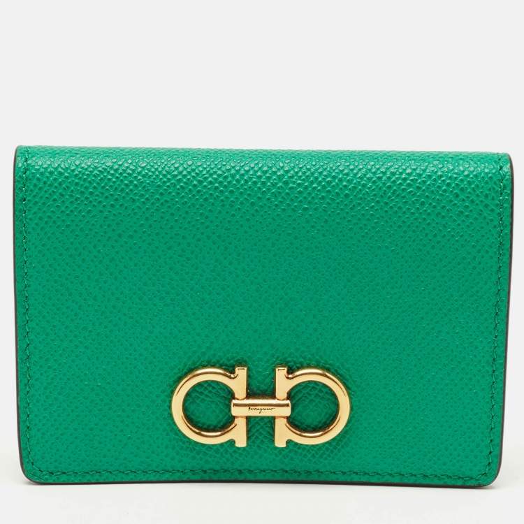 Pre Owned Salvatore Ferragamo Gancini Green Leather Business Card Holder